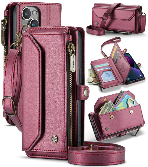 iPhone 13 mini CaseMe C36 Card Slots Zipper Wallet RFID Anti-theft Leather Phone Case - Wine Red